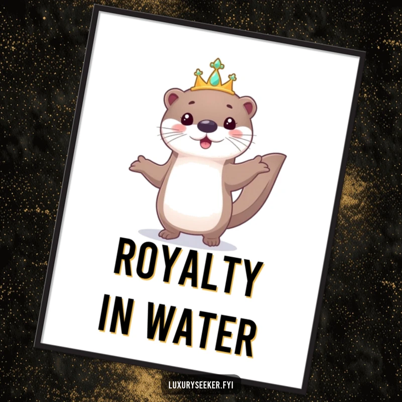 Funny poster art: a playful otter parades gracefully, wearing a small, sparkling jeweled tiara.