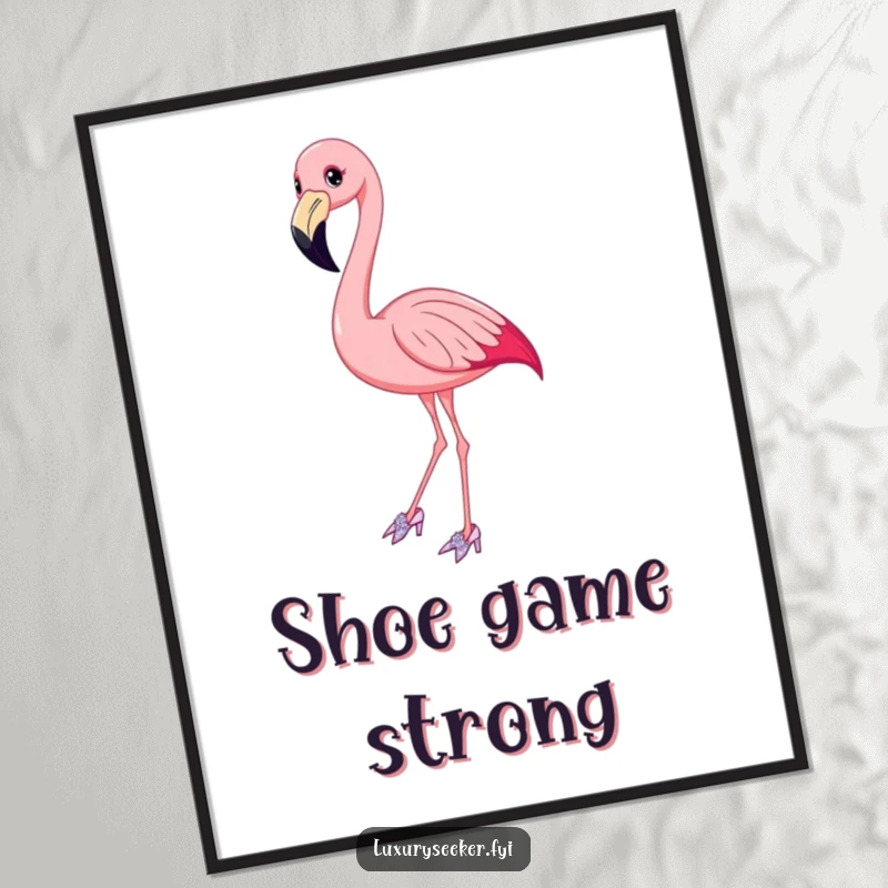 Funny Flamingo Poster displaying a smiling bird elegantly posing in sparkly shoes, bringing humor and grace to wall decor.