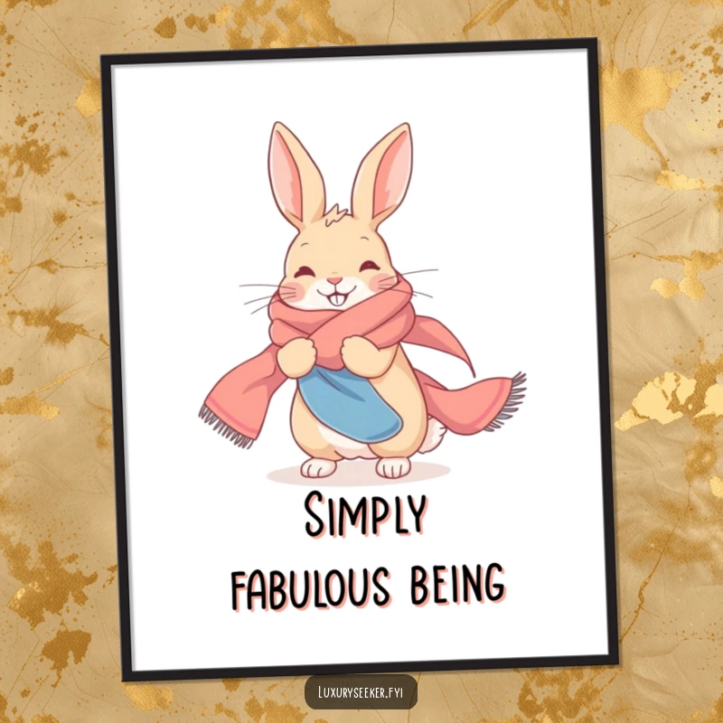 Funny Poster: A delighted rabbit elegantly draped in a long, flowing, luxurious silk scarf.