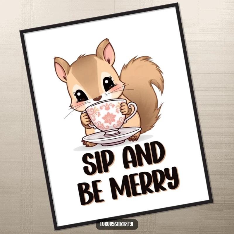 Funny squirrel poster featuring a curious squirrel with a tiny ornate teacup and saucer, adding whimsical charm to wall art.