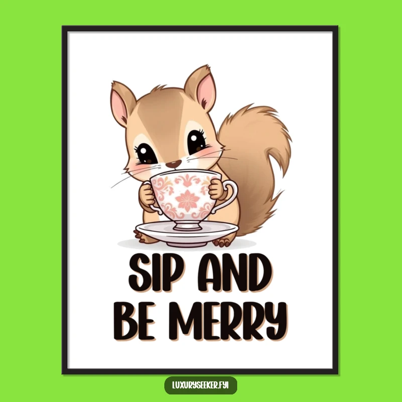 Funny Squirrel Poster: Curious Critter with Tiny Teacup, Whimsical Wall Art and Gift Idea