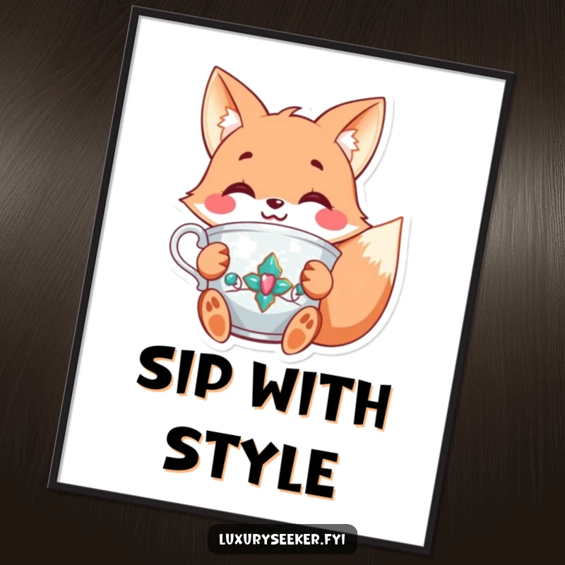 Funny poster displaying a joyful fox character holding a fancy, jeweled teacup with a smile, embodying sophisticated and cheerful tea time.