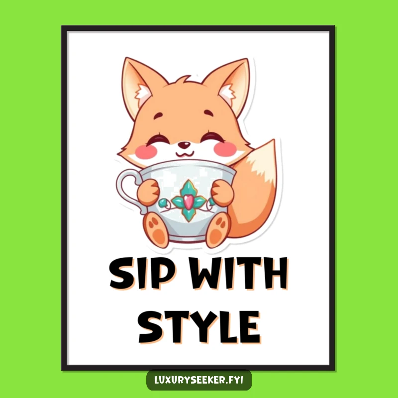 Funny Fox Tea Poster: High-Quality Art of a Joyful Character's Elegance!