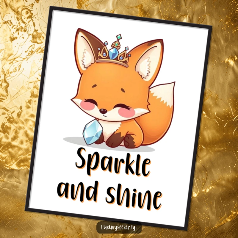 Funny Poster featuring a cheerful fox wearing a tiny, sparkly tiara, admiring a precious jewel, enchanting art.