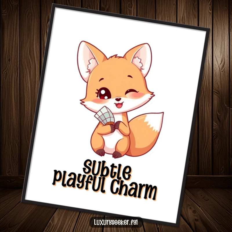 Funny poster art of a happy fox holding a delicate fan, glancing playfully over its shoulder with a sweet, inviting look.