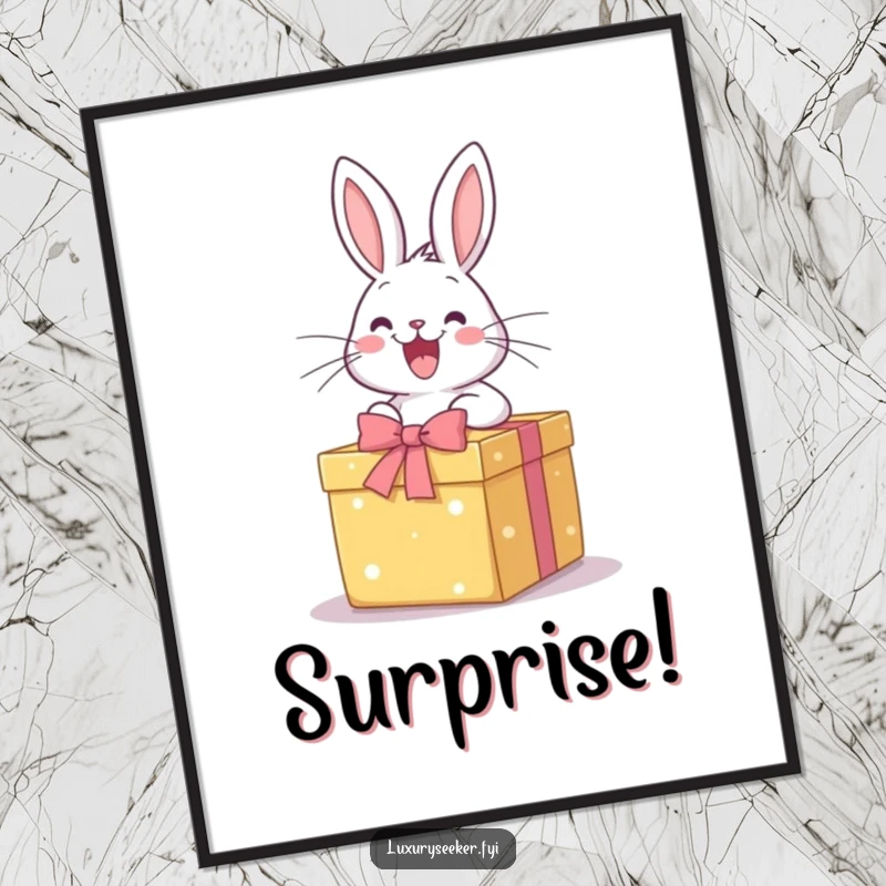 Funny Poster: A happy rabbit excitedly opens a perfectly wrapped gift box, adding a vibrant splash of joy and surprise to your decor.