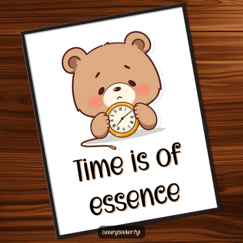 Funny poster depicting a determined bear character intently examining a golden pocket watch, symbolizing focus and the importance of time.