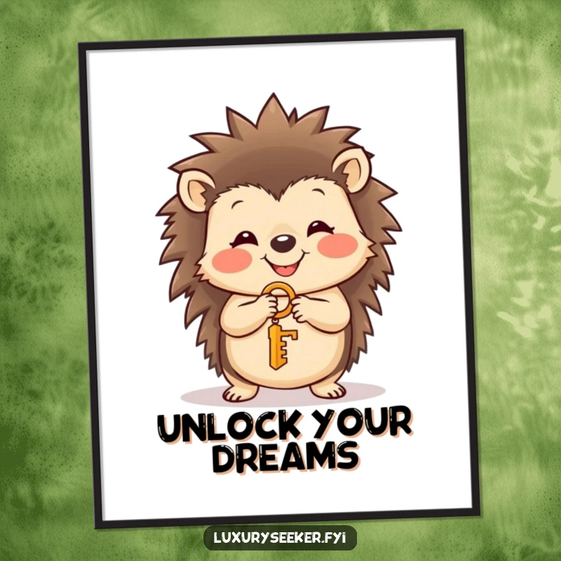 Funny smiling hedgehog holding a tiny golden key, depicted on a poster, bringing warmth and a whimsical funny gift.
