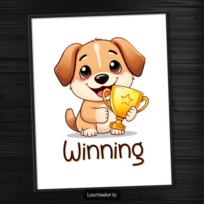 Funny Poster: A proud dog holds a golden trophy with a wide, beaming smile, celebrating victory and accomplishment with infectious joy.