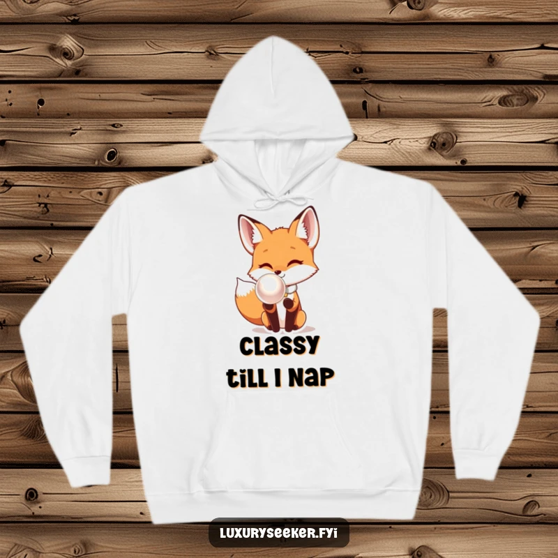 Funny Fox Hoodie: A well-dressed fox with a bow tie intently studies a large, shiny pearl, a humorous and charming depiction.