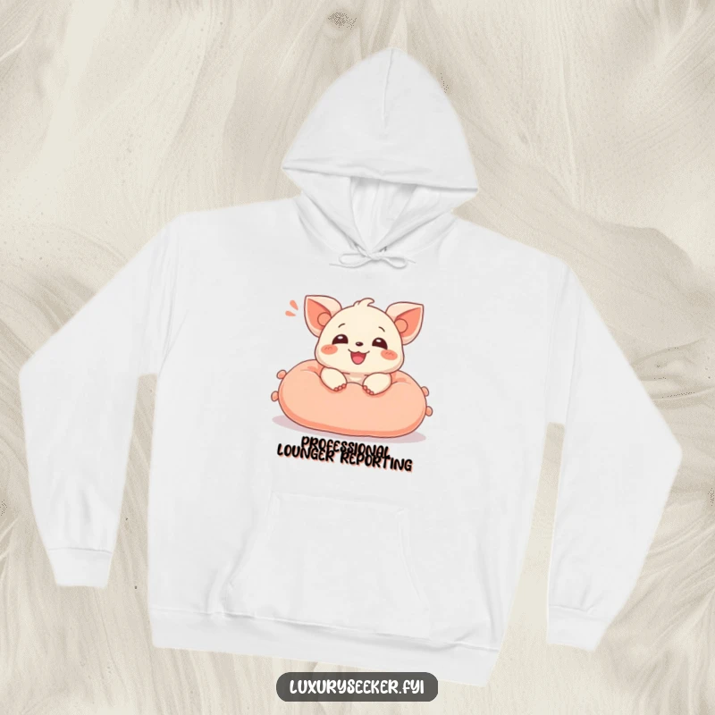 Funny hoodie featuring a delighted creature letting out a happy sigh while relaxing on a soft, luxurious velvet cushion.