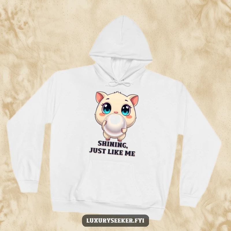 Funny hoodie with a curious creature and wide eyes pointing at a large, glowing pearl, perfect for cozy expeditions.
