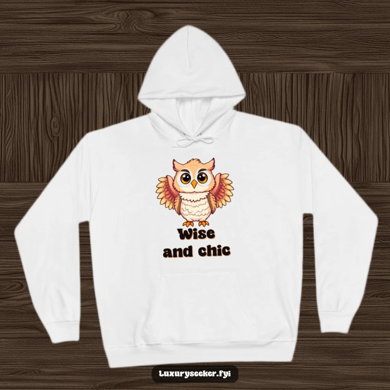 Funny hoodie featuring a joyful owl character draped in elegant feathered boas, offering comfort and a dash of whimsical glamour.