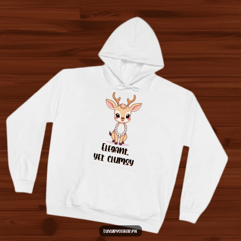 Funny Hoodie: A cozy hoodie depicts a joyful deer in a graceful pose with a pearl necklace, looking elegantly humorous.