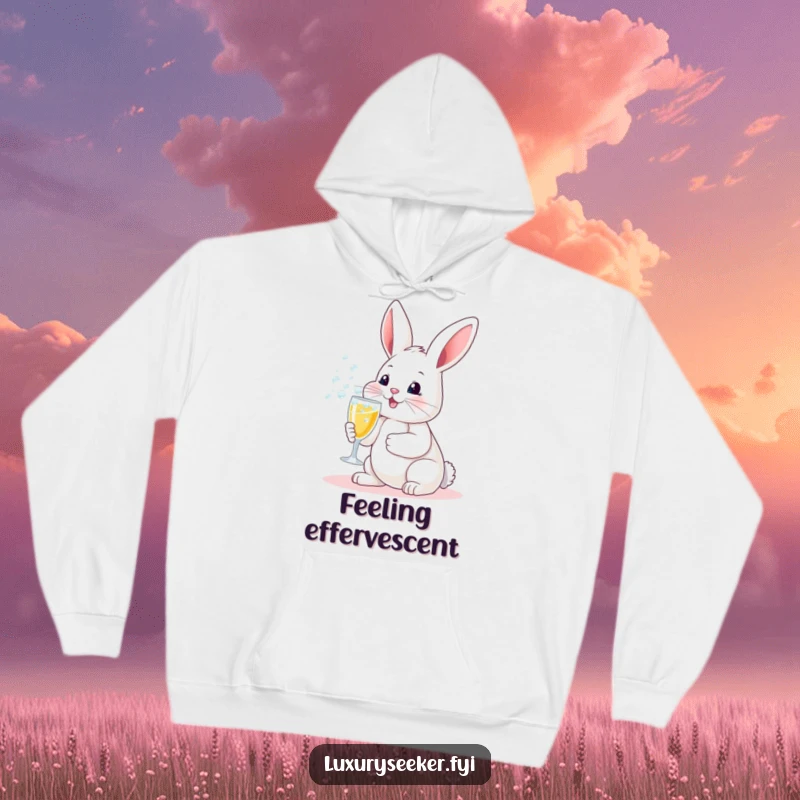 Funny hoodie: A joyful bunny holding a miniature champagne flute with overflowing bubbles, ready for a fun celebration.