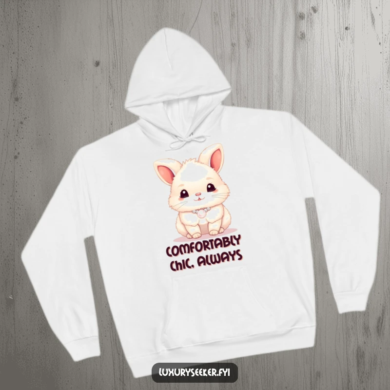 Funny bunny wearing a pearl necklace, looking cozy and chic in a hoodie, perfect for a funny gift.