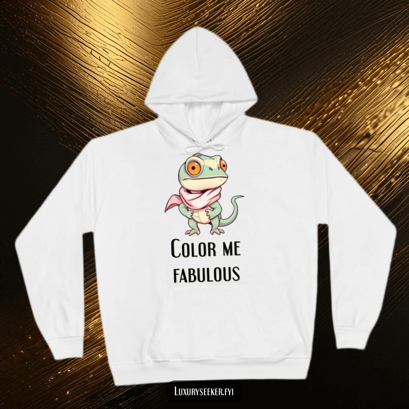 Funny chameleon wearing a luxurious silk scarf, looking confident and chic on a cozy hoodie, a fantastic funny gift.