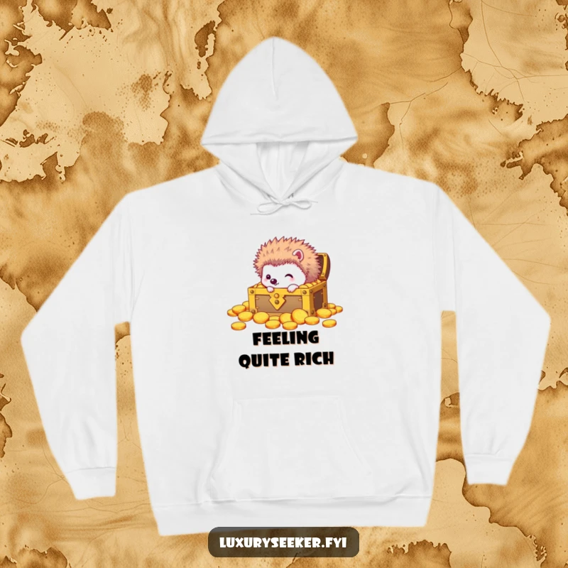 Funny hoodie depicting a curious hedgehog peering into a gilded treasure chest packed with shining gold coins, full of awe.