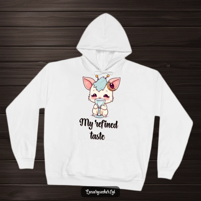 Funny hoodie featuring a whimsical creature with a unique accessory sipping from a tiny crystal goblet, offering warm and humorous comfort.
