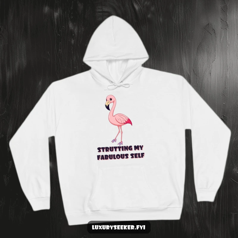 Funny Flamingo Hoodie featuring a smiling bird elegantly posing in sparkly shoes, offering warmth and a humorous statement.