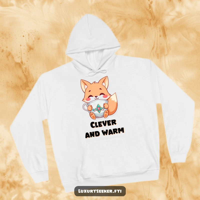 Funny hoodie depicting a joyful fox character holding a fancy, jeweled teacup with a smile, offering cozy and elegant comfort.