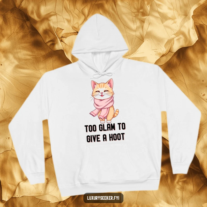 Funny hoodie featuring a giggling cat swathed in an elegant silk scarf, offering cozy humor and stylish warmth.