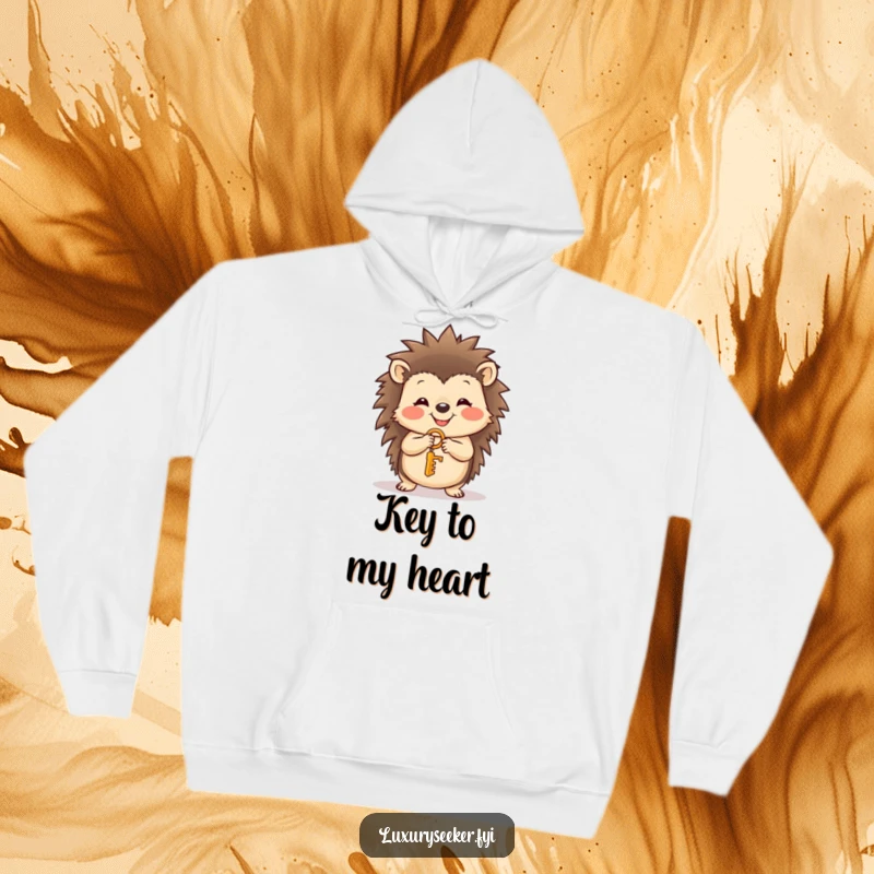 Funny smiling hedgehog clutching a tiny golden key on a warm hoodie, radiating cuteness and a hopeful spirit, a wonderful funny gift.