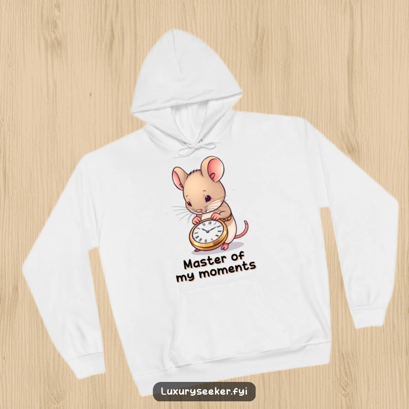 Funny Mouse Hoodie showing a happy mouse admiring a miniature, exquisitely detailed pocket watch, great for cozy, humorous wear.