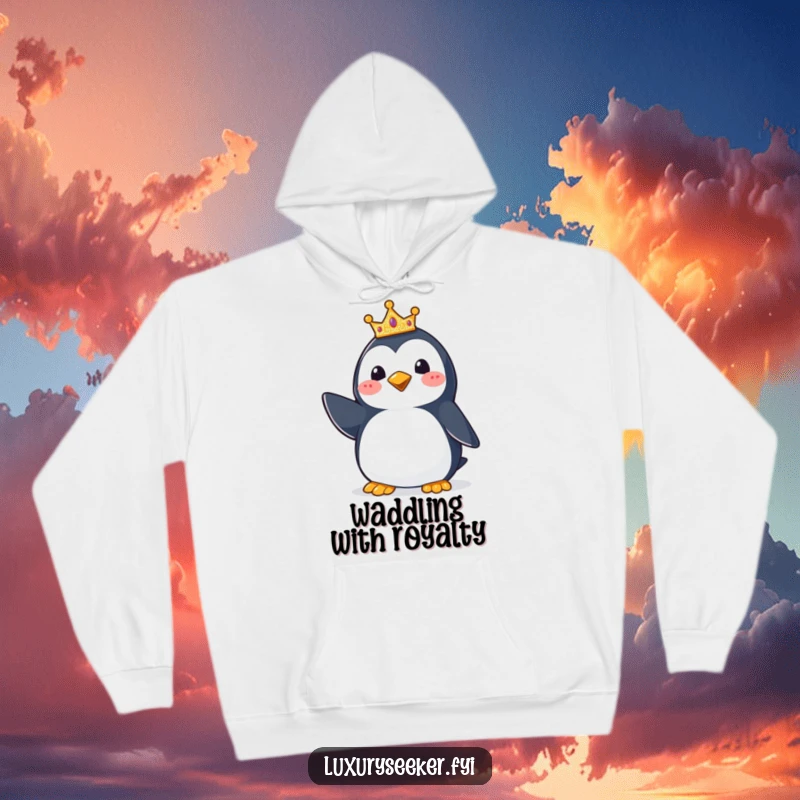Funny Penguin Crown Hoodie: A comfortable hoodie featuring a happy penguin wearing a small glittering crown, striking a pose with regal charm.