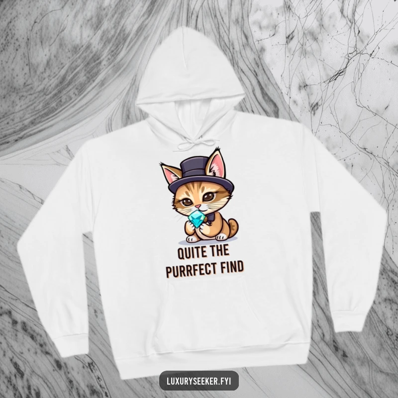 Funny, cozy hoodie showcasing a sophisticated cat in a tiny top hat, thoughtfully appraising a large, glittering gemstone.