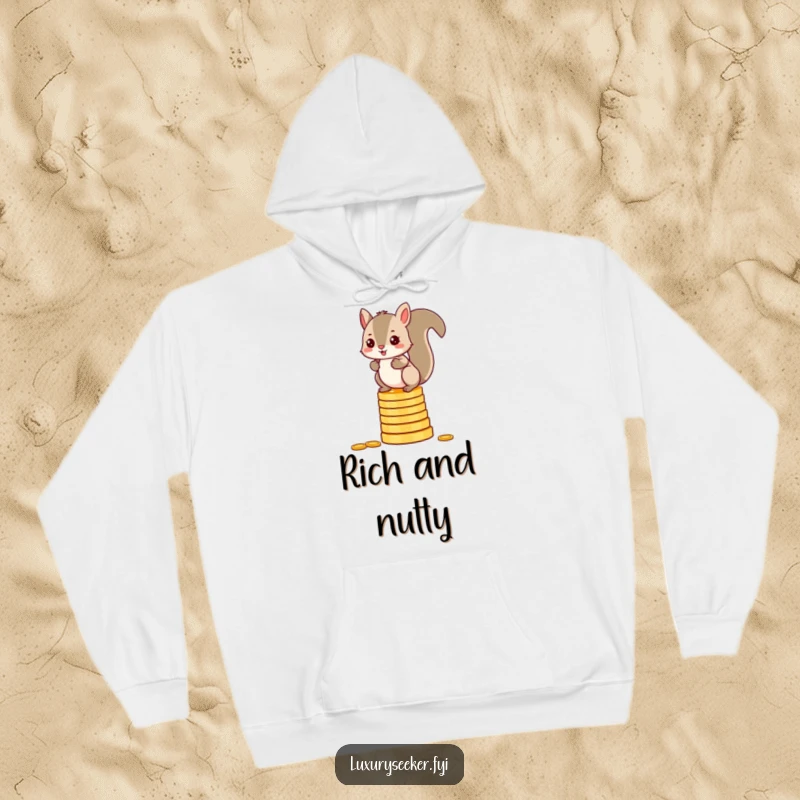 Funny squirrel hoodie art depicting a mischievous character balancing with skill on a massive stack of glittering gold coins.