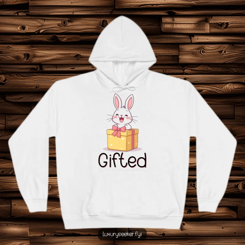 Funny Hoodie: A happy rabbit excitedly opens a perfectly wrapped gift box, offering cozy comfort and a touch of festive, joyful anticipation.