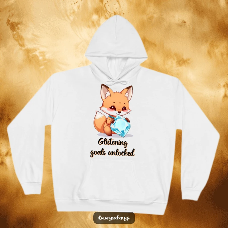 Funny hoodie depicting a curious fox character gazing admiringly at a large, sparkling diamond necklace, radiating warmth and humor.