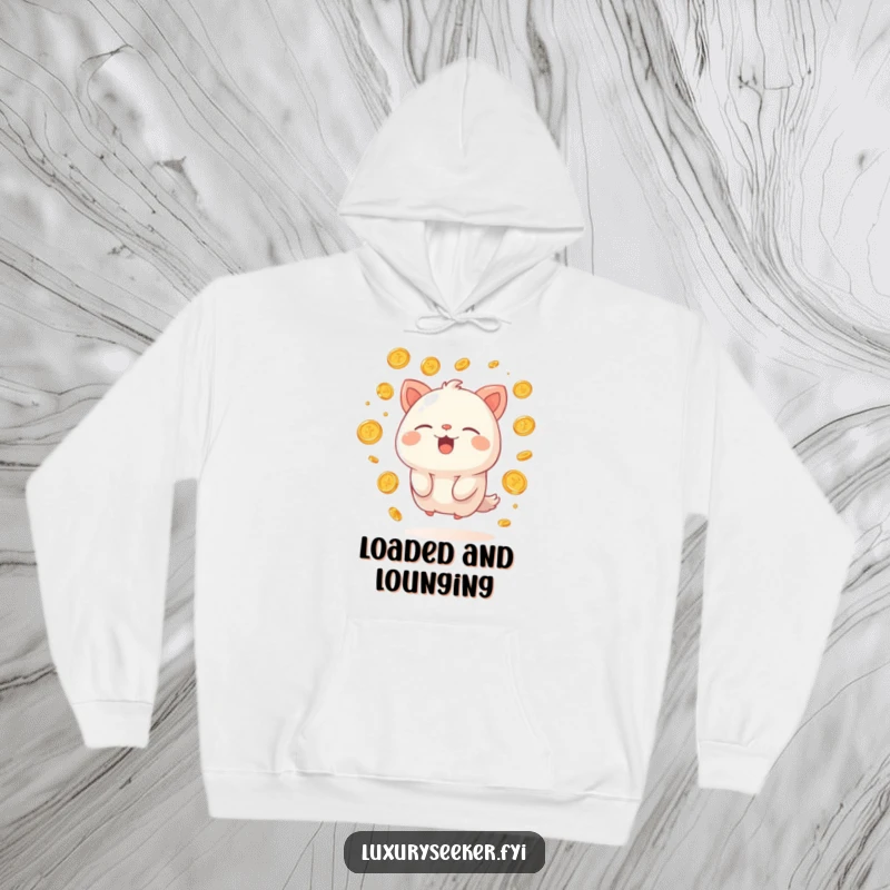 Funny hoodie featuring a happy creature sighing contentedly, surrounded by floating golden coins, a warm and humorous symbol of wealth.