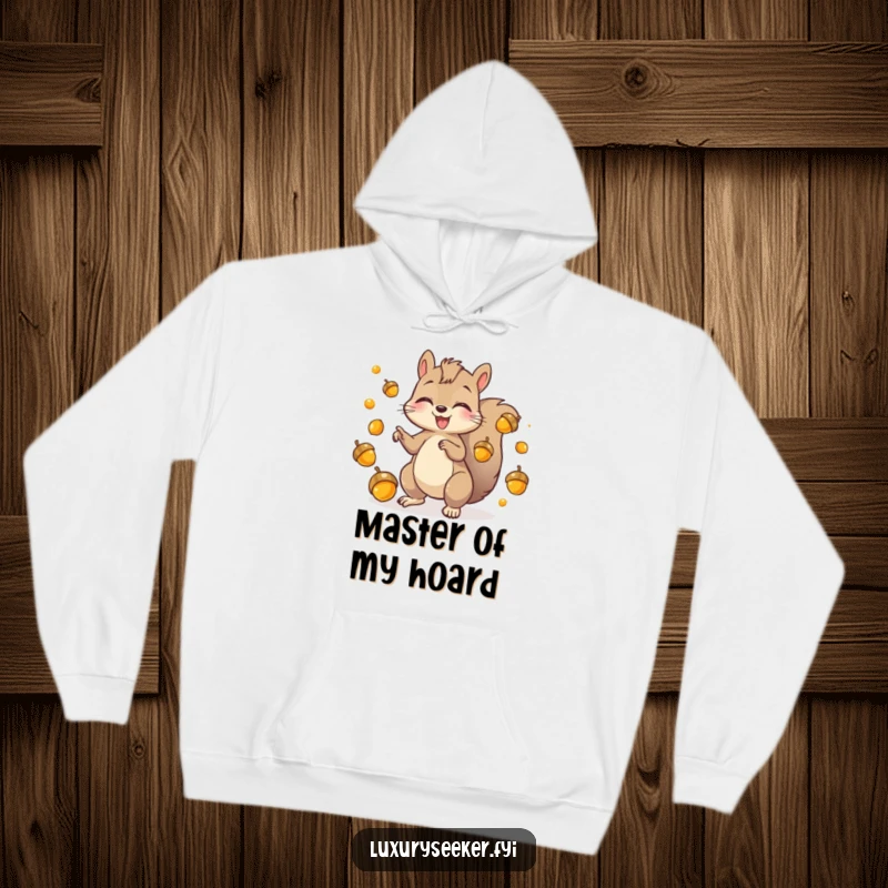 Funny Hoodie featuring a playful squirrel character energetically juggling golden acorns, providing warmth and humorous delight.