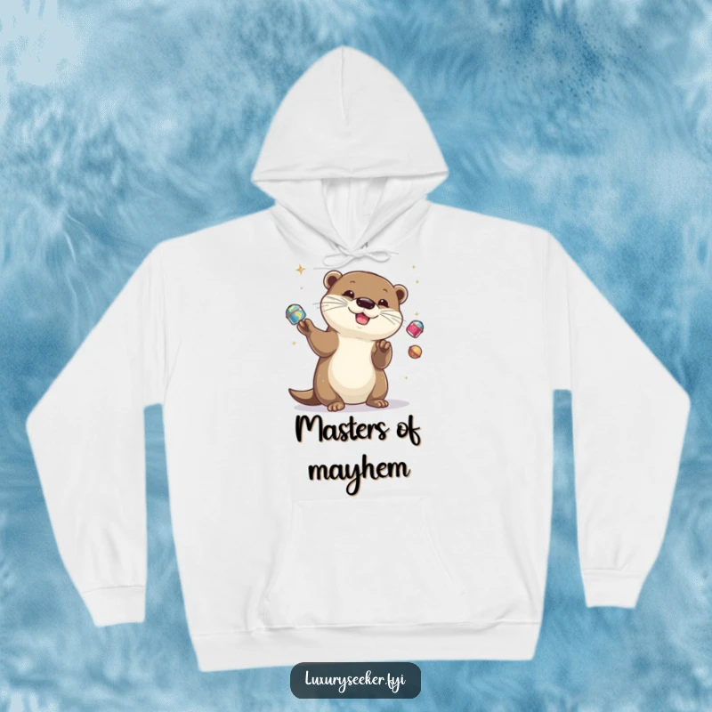 Funny otter juggling glittering items, depicted on a cozy hoodie, a perfect funny gift for fans.