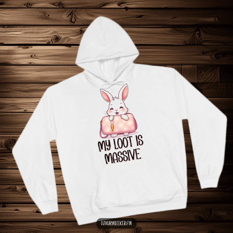 Funny Hoodie depicting a delighted rabbit inspecting a shimmering, oversized handbag, showing pure shopping bliss.