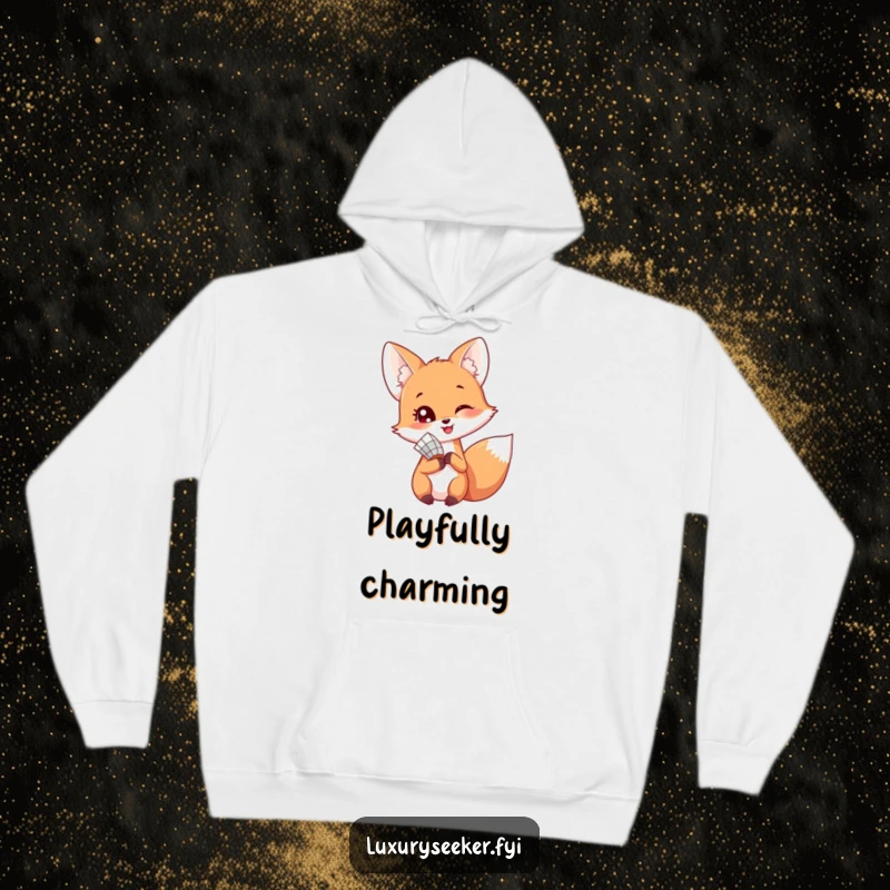 Funny, warm hoodie with a happy fox holding a dainty fan, playfully peeking over its shoulder with a charming smile.
