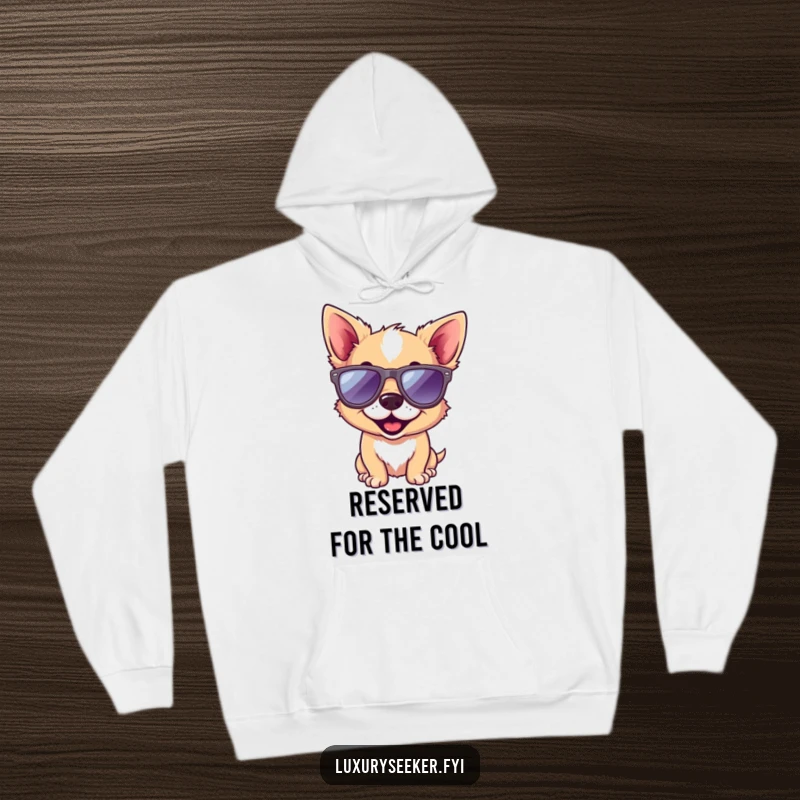 Funny dog hoodie featuring a happy dog wearing miniature designer sunglasses, offering warmth and a humorous, stylish statement for cooler days.