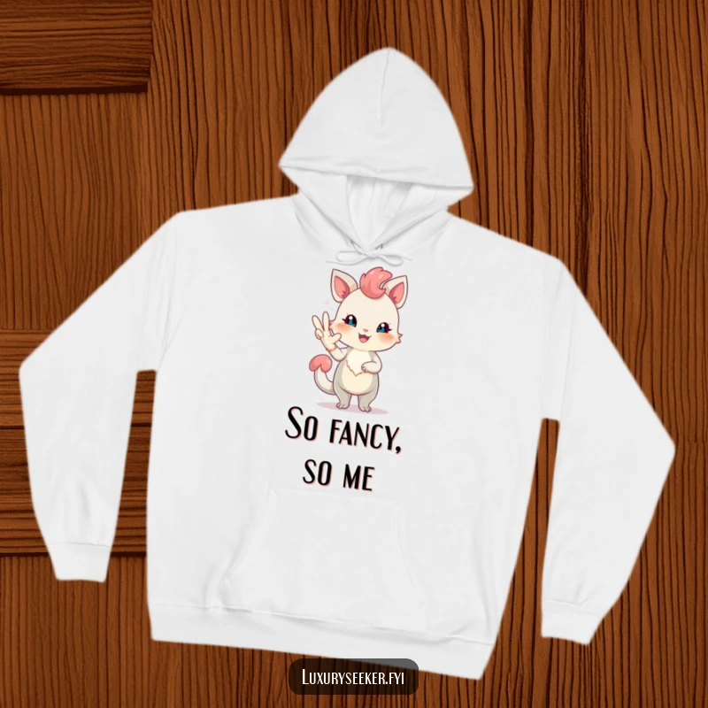 Funny hoodie featuring a cheerful creature with rosy blush posing elegantly with a long, elegant glove, offering warm, humorous style.