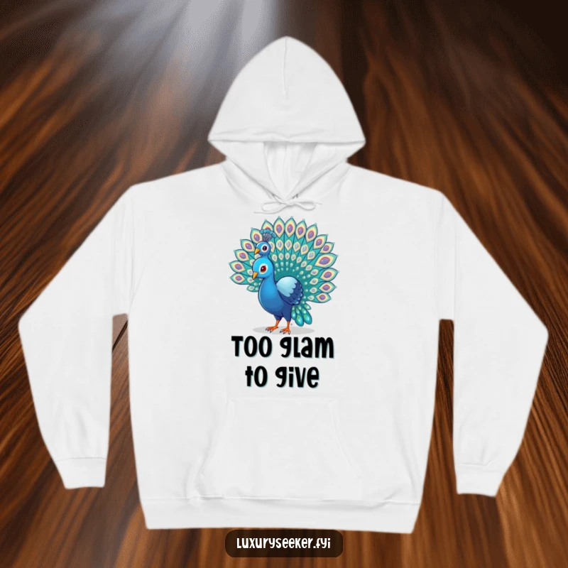 Funny Peacock Hoodie with a proud bird displaying its tail feathers covered in small gems, suggesting a flamboyant and humorous personality.