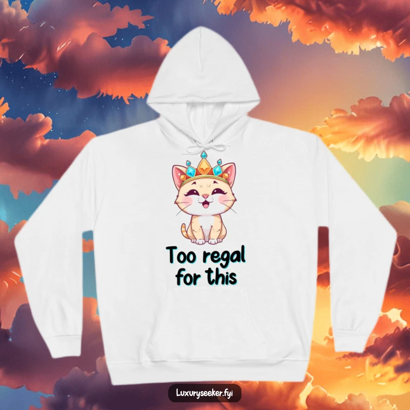 Funny Hoodie depicting a happy cat character sporting a large, glittering crown, offering cozy warmth and regal humor.