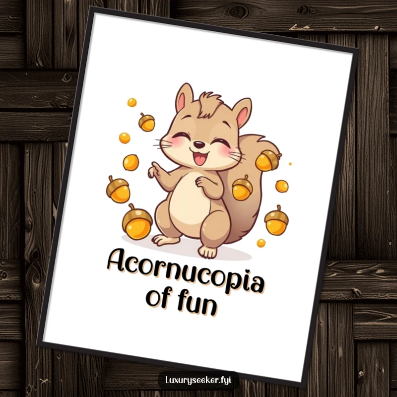 Funny Free Printable Wall Art: Playful squirrel in mid-air, gleefully juggling shiny golden acorns. Downloadable art.