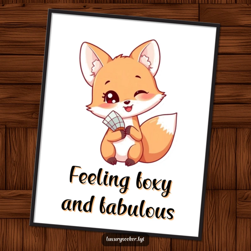 Funny Free Printable Wall Art of a happy fox holding a delicate fan and looking playfully over its shoulder.