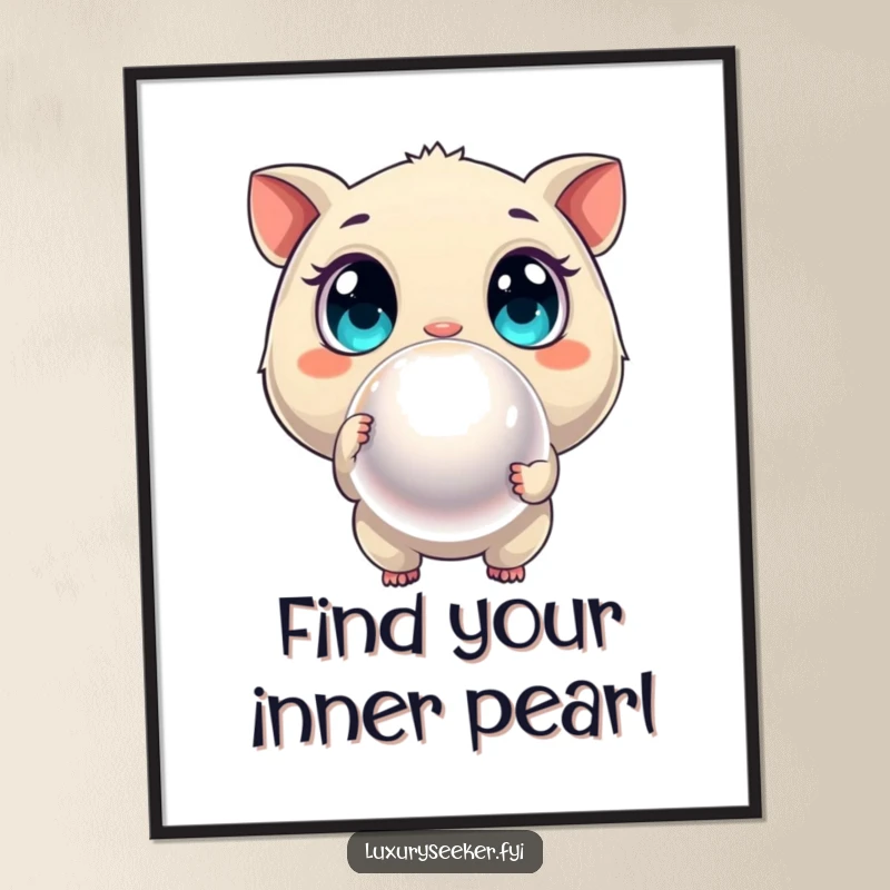 Funny Free Printable Wall Art: Curious creature with wide eyes pointing at a large shimmering pearl, elegant decor.