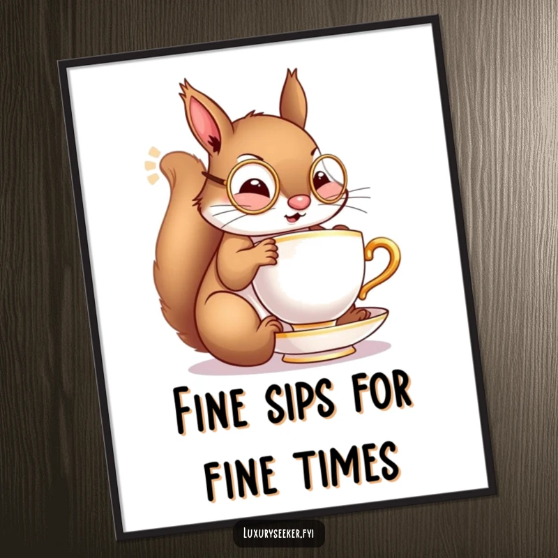Funny Free Printable Wall Art: A cheerful squirrel wearing a monocle, elegantly sipping from a tiny, golden teacup.