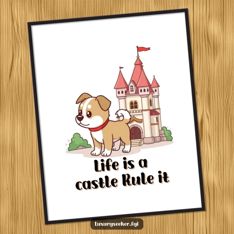 Funny Free Printable Wall Art of a determined dog posing proudly beside a miniature ornate castle, a loyal and amusing character.