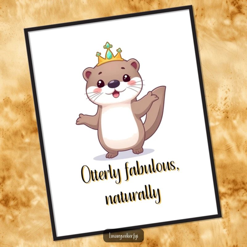 Funny Free Printable Otter Tiara Wall Art: A playful otter parades with a tiny jeweled tiara, bringing regal charm.