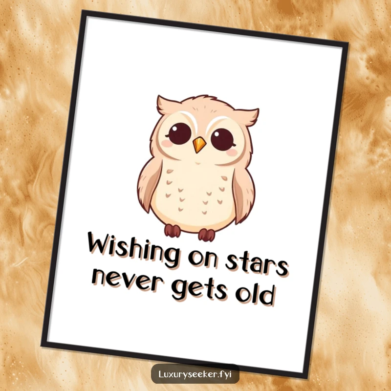 Funny Free Printable Wall Art of a contented owl gazing at a vast, star-filled night sky, a serene and amusing piece.