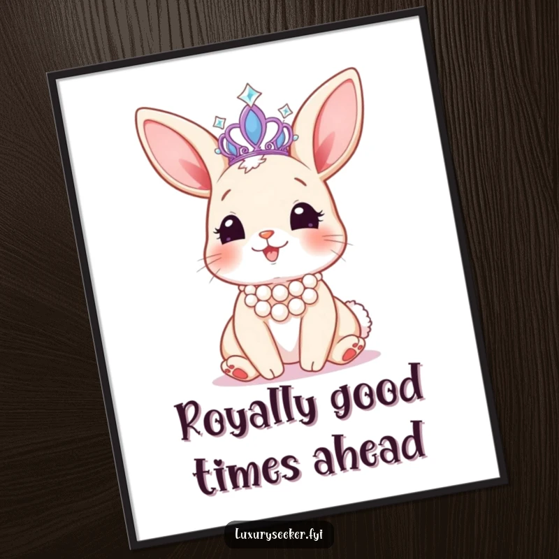 Funny Free Printable Wall Art: A happy bunny wearing a pearl necklace, admiring a sparkling tiara, exuding charm.